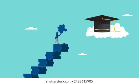 high education, success step to achieve higher education, cost to graduate high degree education, the way to achieve high education, people making ladder from puzzle going to graduation cap