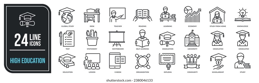 Iconos de línea delgada de educación superior. Para diseño de marketing de sitios web, logotipo, aplicación, plantilla, ui, etc. Ilustración vectorial.