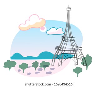 High Eiffel tower attraction sightseeing in Paris. French world wonder. Travel and tourism. Famous city construction. Flat cartoon natural park landscape. Vector cutout landmark illustration