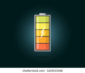 High electric power battery charged energy indicator with lightning icon. Full battery indicating cylinder symbol. Vector accumulator energy level load illustration