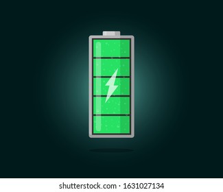 High electric power green battery charged energy indicator with lightning icon. Full battery indicating cylinder symbol. Vector accumulator energy level load eps illustration