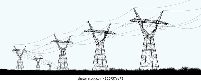 High electric tower. High-voltage poles with wires go away into the horizon. Electric poles. Production of sustainable energy concept. Graphic vector isolated on white background.