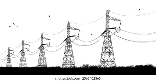 High electric towers isolated on against the white backdrop. Vector electric pole. Silhouette power lines. Energy pylons. Black outlines illustration.