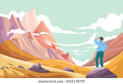 High elevation and summits with fluffy clouds. Mountaineering or climbing hobby. Young man standing on rock and watching nature and wilderness landscape and natural design. Vector in flat style