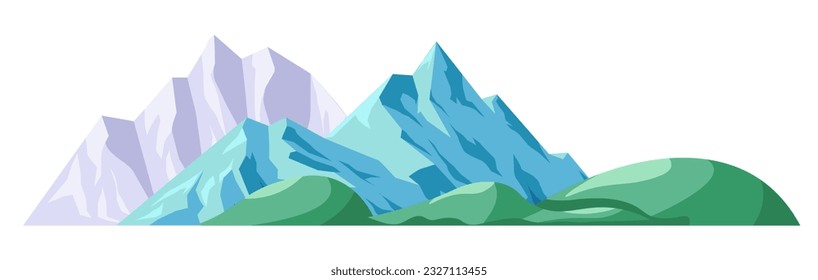 Altas alturas y cumbres, montañas aisladas se extienden con bosque o vegetación en el fondo. La naturaleza y el paisaje silvestre y el diseño natural. Hobby de montañismo o escalada. Vector de estilo plano