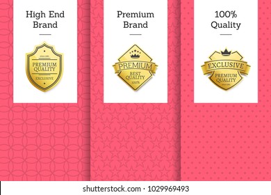 High end brand premium 100% quality golden labels set on promo posters with place for text in pink and white colors, vector emblems on certificates