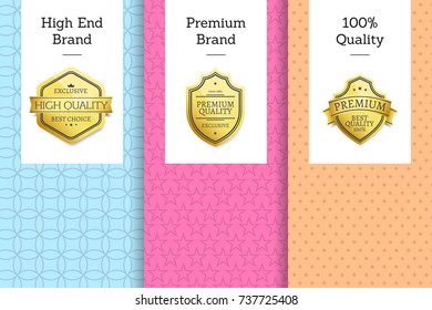 High end brand premium quality 100% award golden labels set of logos design on colorful posters with text vector illustrations on bright backgrounds