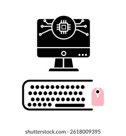 High end computer vector icon, complete with cpu monitor, keyboard and mouse