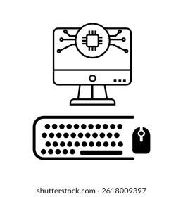 High end computer vector icon, complete with cpu monitor, keyboard and mouse
