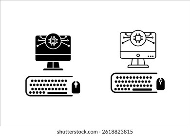 High end computer vector icon, complete with cpu monitor, keyboard and mouse