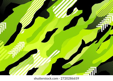 Um fundo de alta energia com formas de camuflagem verde-limão, listras brancas de corrida e setas direcionais. Perfeito para esportes radicais, jogos e design automotivo.