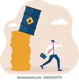 High energy costs. Businessman fleeing a falling oil tank. vector

