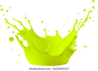 High energy splash of bright green liquid resembling paint, juice, or another vibrant fluid Isolated on a pure white background for easy integration into design projects