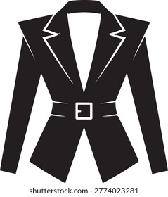 High fashion avant-garde blazer with structured pleated shoulders and belt detail, balck icon silhouette vector
