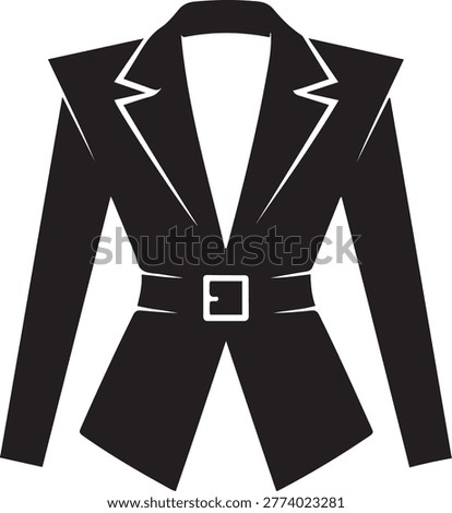 High fashion avant-garde blazer with structured pleated shoulders and belt detail, balck icon silhouette vector
