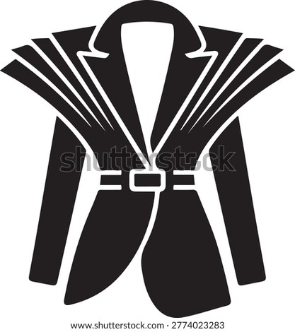 High fashion avant-garde blazer with structured pleated shoulders and belt detail, balck icon silhouette vector
