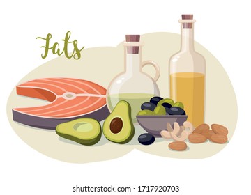 High Fat Food Isolated On White. Olive Oil, Olives, Avocado, Fish And Nuts. Vector Illustration