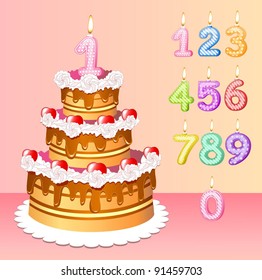 high festive cake birthday with one candle in form of the unit