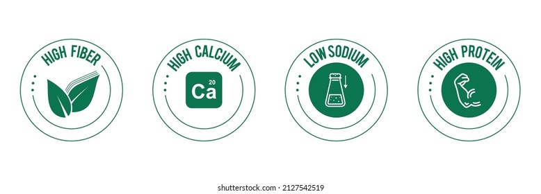 high fiber, high calcium, low sodium, high protein icon set vector illustration