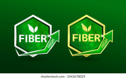 High fiber in hexagon shape aluminum gold and silver with shine arrow. Used for design nutrition supplement products. Vitamins label symbol logo 3D on green background. Vector EPS10.