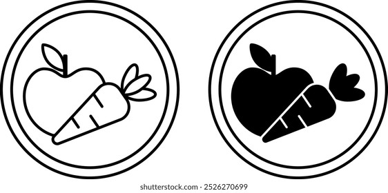 Etiquetas de alta fibra. Iconos de vector blanco y negro. Manzana y Zanahoria, Verduras y Frutas. Propiedades de la comida de gato. Etiqueta engomada del empaquetado de alimentos