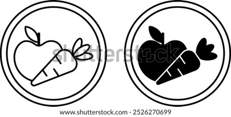 High Fiber Labels. Black and White Vector Icons. Apple and Carrot, Vegetables and Fruits. Cat's Food Properties. Food Packaging Sticker