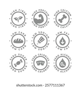 High fiber, protein and low carb and sodium label set. Zero sugar, low fat and calories labels.