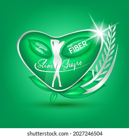 High Fiber and Vitamin, Foods make the body healthy slim Shape. Logo products template green heart. Healthy nutrition and diet. Food rich fiber, beans and rice, broccoli and apple. Vector illustration