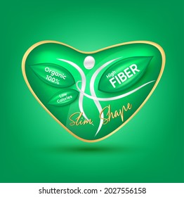 High Fiber and Vitamin, Foods make the body healthy slim Shape. Logo products template green heart. Healthy nutrition and diet. Food rich fiber, beans and rice, broccoli and apple. Vector illustration