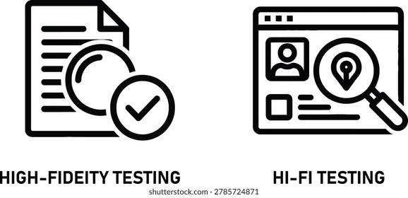 High fidelity testing and UI UX evaluation process icons set with user interface user experience quality assurance magnifying glass research