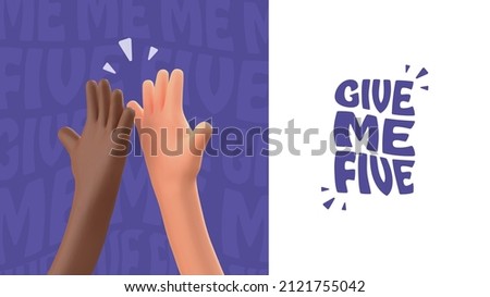 High five 3d cartoon hands vector illustration. Multiethnic friendship. Teamwork business success