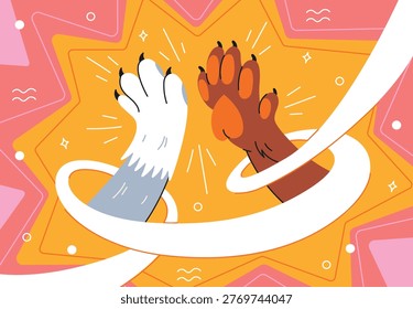High five between cat and dog paws. Pet friendship and teamwork comic baner. Animal paws hitting a high five with a swirling white ribbon on a vibrant pop-art background. Unity, partnership, and peace in flat cartoon style, bright yellow and orange colors. 