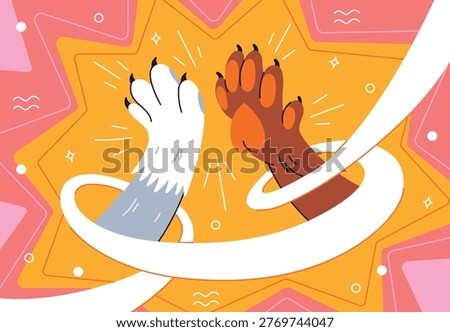 High five between cat and dog paws. Pet friendship and teamwork comic baner. Animal paws hitting a high five with a swirling white ribbon on a vibrant pop-art background. Unity, partnership, and peace in flat cartoon style, bright yellow and orange colors. 
