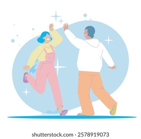 High Five Celebration. Illustration of two friends sharing a cheerful high five, expressing joy, friendship, and motivation in a lively and supportive atmosphere.
