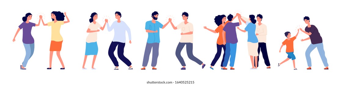 High five. Cheerful friends and colleagues giving high five. Happy people informal greeting, expression joy in agreement vector characters