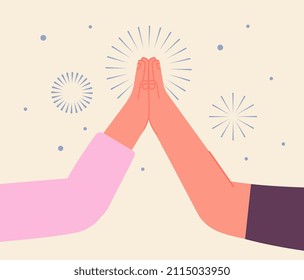 High five concept. Hand clapping, two hand of friends clap and fireworks. Friendship and support, business collaboration, festive meeting vector metaphor