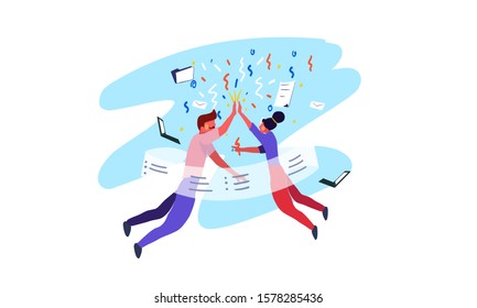 High - Five! Coworkers celebrating success. Vector illustration