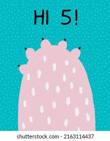 High Five. Cute Nursery Vector Art with Big Pastel Pink Pet Paw Isolated on a Turquoise Blue Dotted Background. Lovely Illustration ideal for Wall Art, Card, Poster, Cats or Dogs Lovers.