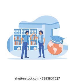 High five each other in the school library. Celebrating success, the results of good cooperation. Success and happiness teamwork concept. trend modern vector flat illustration
