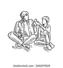 Cinco.	un padre y un hijo sentados de piernas cruzadas lado a lado haciendo un alto cinco.	Ilustración vectorial de boceto retro vintage. Estilo de grabado. negro aislado sobre fondo blanco. gráfico de dibujo vectorial 