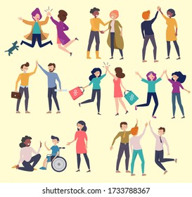High five friends. Greeting happy colleague communication hands gestures friendly characters meeting people vector