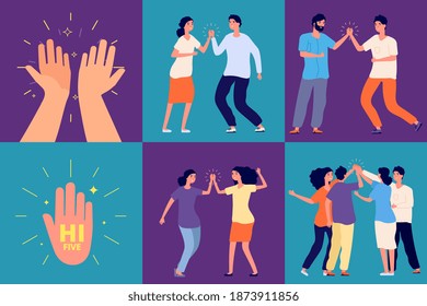 High five friends. Happy people greetings, smile woman man clap hands together. Applause or clapping, joyful teenagers vector characters