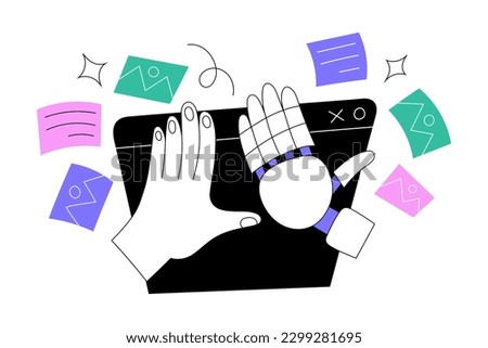 High five gesture, human hand giving five to a robot hand, artificial intelligence creating text, images, artworks for human in computer program, AI generating content for user, vector illustration