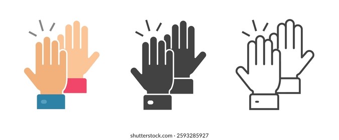 High five gesture icon graphic vector set, line stroke outline art of hi 5 celebration or greeting, two hands people slap pictogram, palms arms raised sign symbol simple bump together