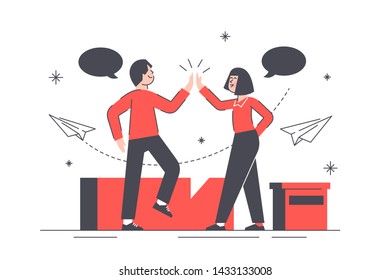 High five gesture vector illustration. People with speech bubbles perform celebrating sign in order to greet partner or friend with accomplishment or successful work flat style concept