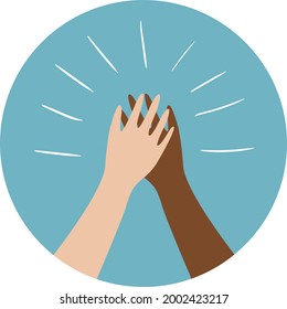 High five gesture vector illustration. Two hands of people different nationalities and skin colors giving high five. Symbol of friendship, partnership, succes. Slapping hands as cooperation concept