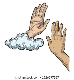 High five with hand of God sketch engraving vector illustration. T-shirt apparel print design. Scratch board style imitation. Black and white hand drawn image.