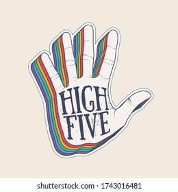 High five hand palm silhouette with vintage styled rainbow shadow sticker design template. Vector illustration