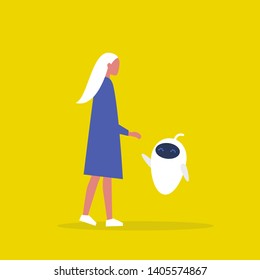 High five hand. Young female character communicating with a robot. Artificial intelligence. Machine learning. Flat editable vector illustration, clip art