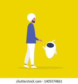 High five hand. Young indian character communicating with a robot. Artificial intelligence. Machine learning. Flat editable vector illustration, clip art